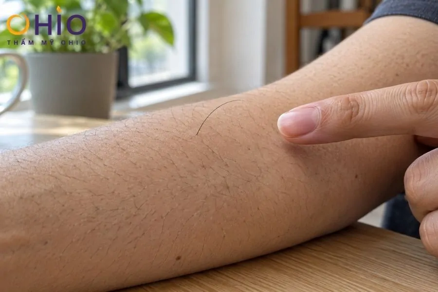 Vì sao có một số sợi lông dài mọc “BẤT THƯỜNG” trên cơ thể? - Phòng khám da liễu OHIO Một sợi lông dài nổi bật giữa những sợi lông ngắn trên cánh tay