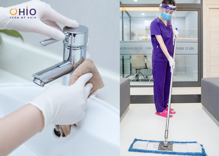 TUYẾN PHÒNG THỦ DỊCH COVID 19 - AN TOÀN LÀM ĐẸP CHỌN OHIO - Phòng khám da liễu OHIO Thực hiện sát khuẩn 60 phút lau dọn 1 lần với các khu vực chung.